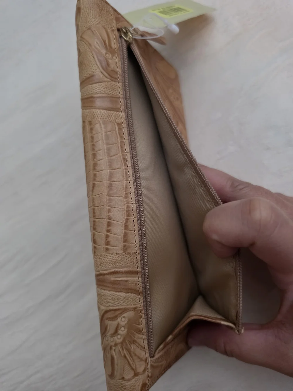 Brahmin Vintage Soft Checkbook Wallet in Raffia Copacata Tooled Leather Tan